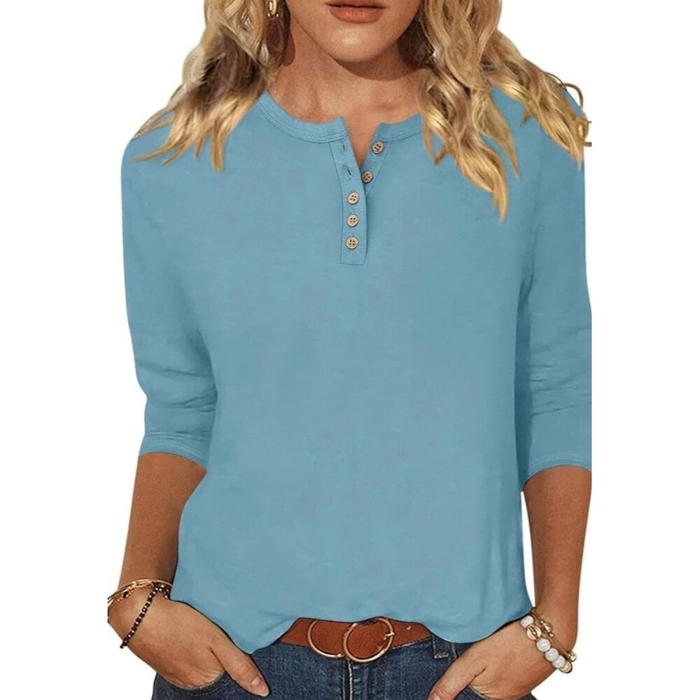 Anrabess Henley Top Medium Blue 3/4 Sleeve Button Front Casual